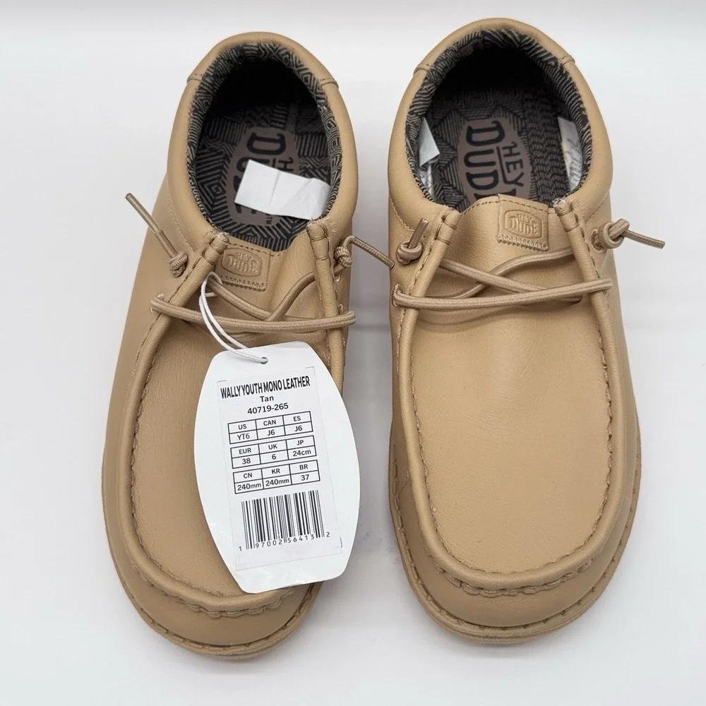 Size 6YT- HeyDude Wally Youth Mono Leather Brown Slip-on Loafers,Light-Weight